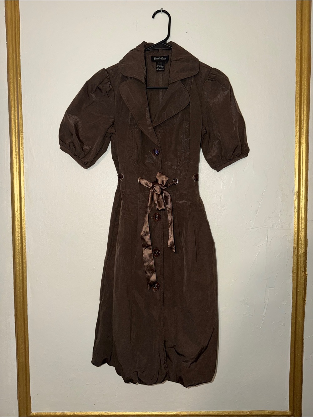 Odds ‘n Evens Brown Puff-Sleeve Midi Dress with Satin Waist Tie